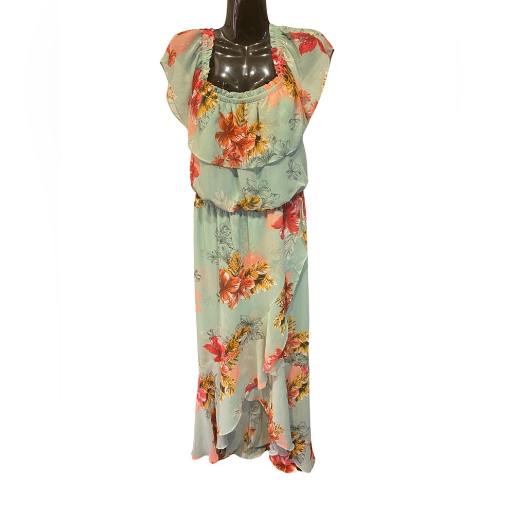 Express Large All Over Floral Print Asymmetrical Layered Off Shoulder Maxi Dress